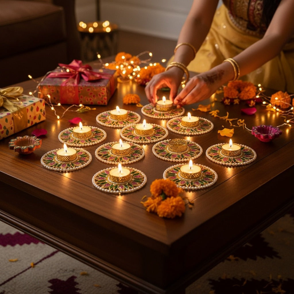 Floral Stonework Diya Set of 10 - Pearl Rim Tea Light Holders
