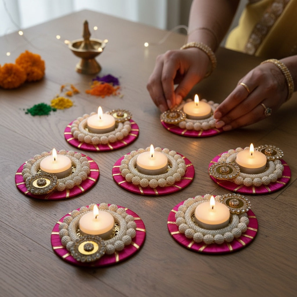 Pearl Beaded T-Light Holders Set of 6 - Red or Pink Velvet