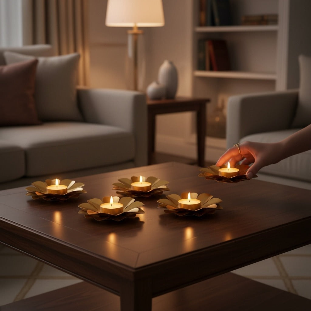 Gold Lotus T-Light Holder Set of 6 - 5in Metal Diwali Diyas