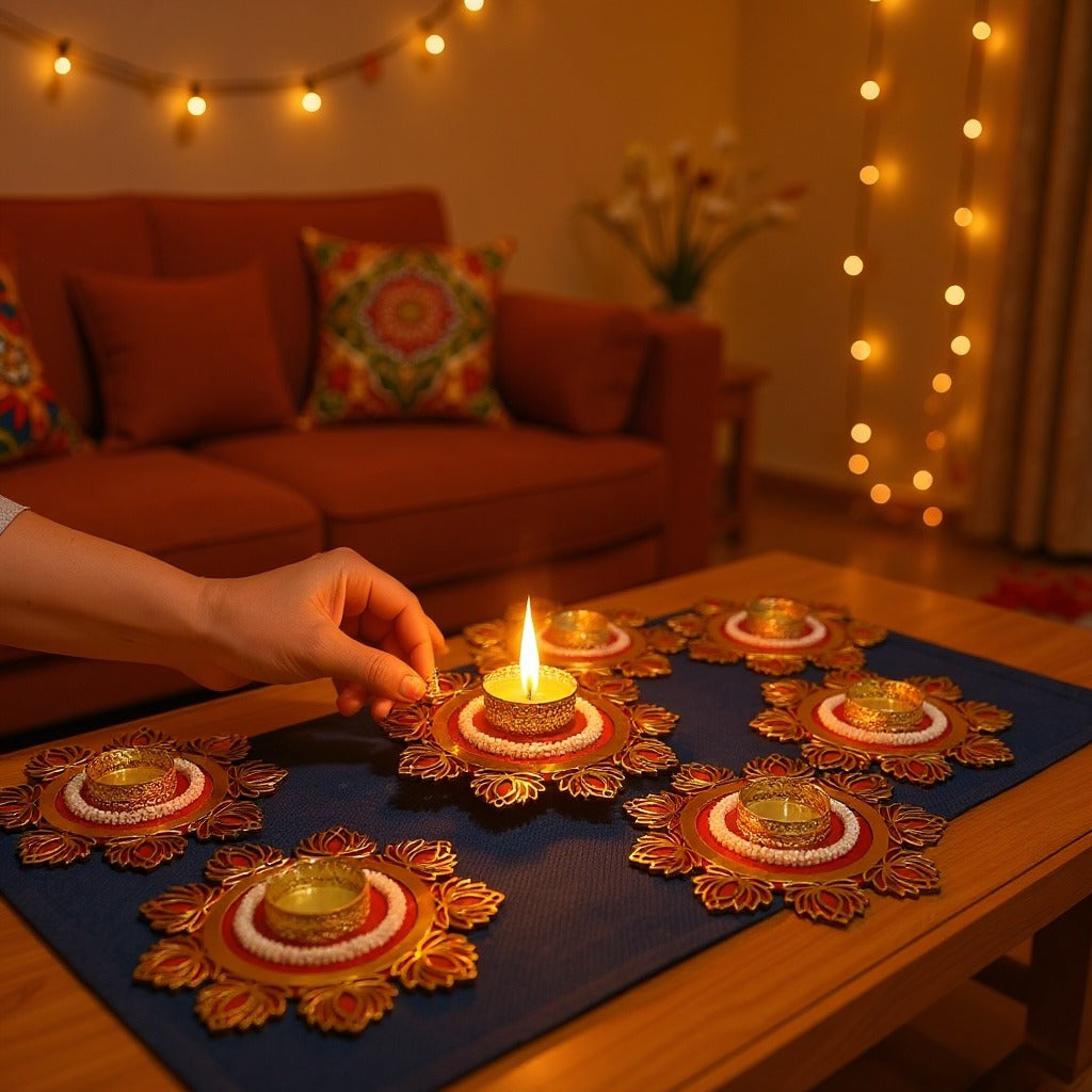 Lotus T-Light Holder Set of 10 - 6in Red or Pink Diwali Diyas