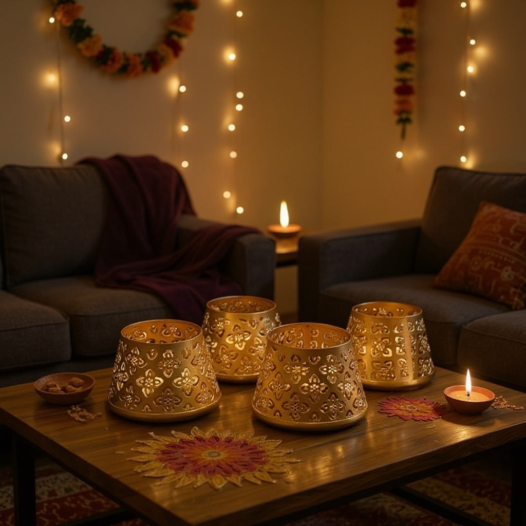 Gold Jali T-Light Lanterns - Set of 4 Pierced Metal Diyas