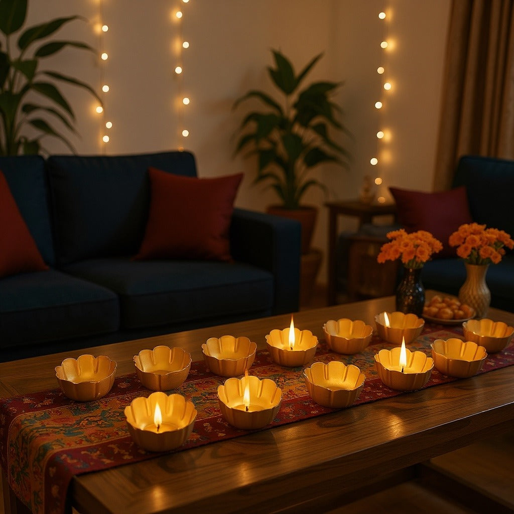 Kamal Utsav T-Light Holder Set of 10 - Deep Gold Metal Diyas