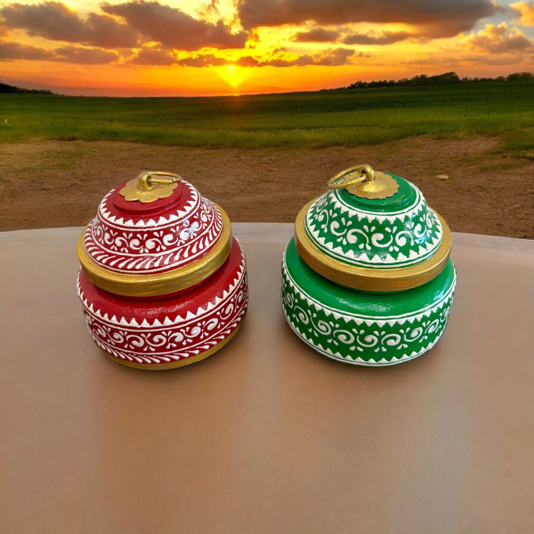Wooden Kumkum Box - 4-Inch Hand-Painted Tikka Box, 3 Colours