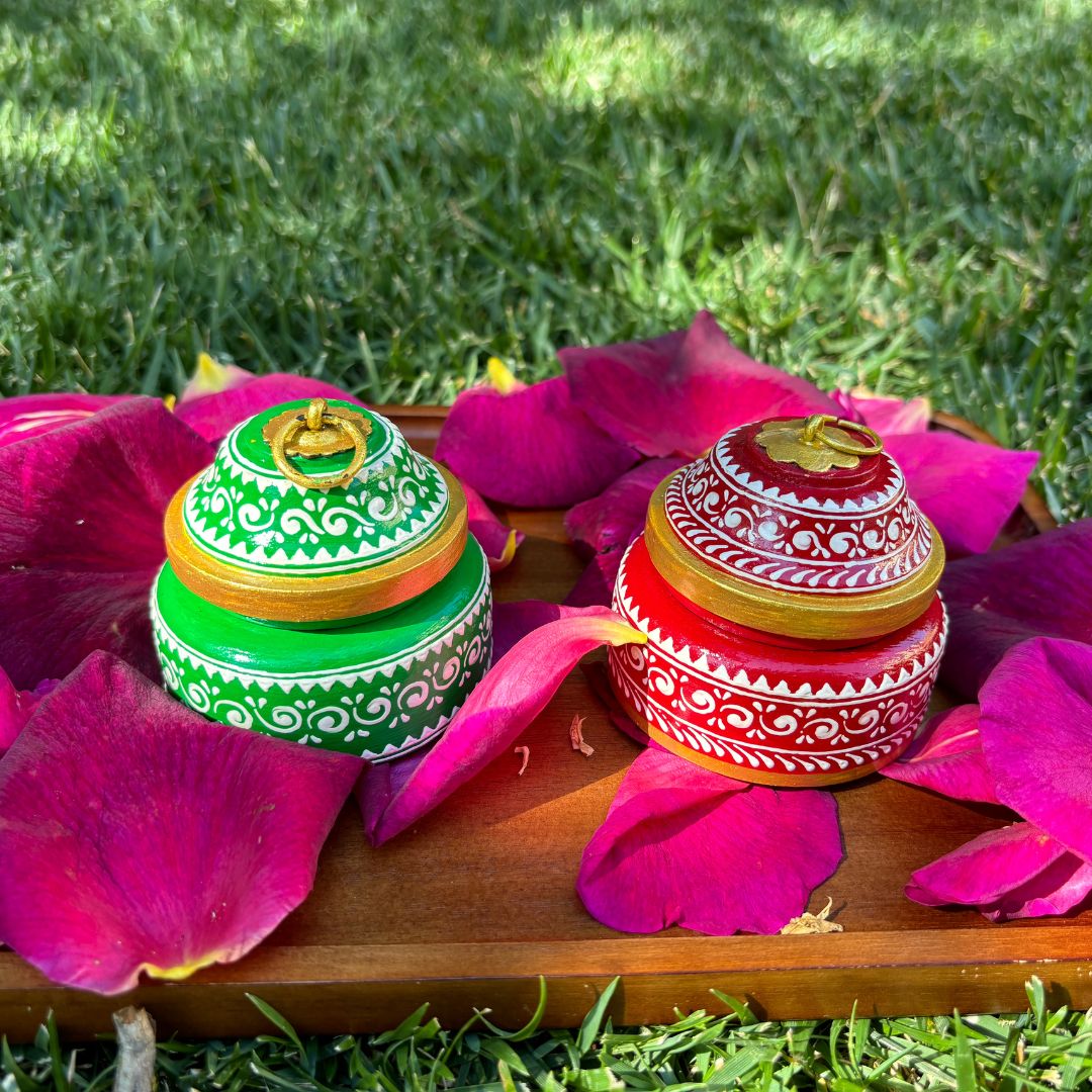 Wooden Kumkum Box - 4-Inch Hand-Painted Tikka Box, 3 Colours