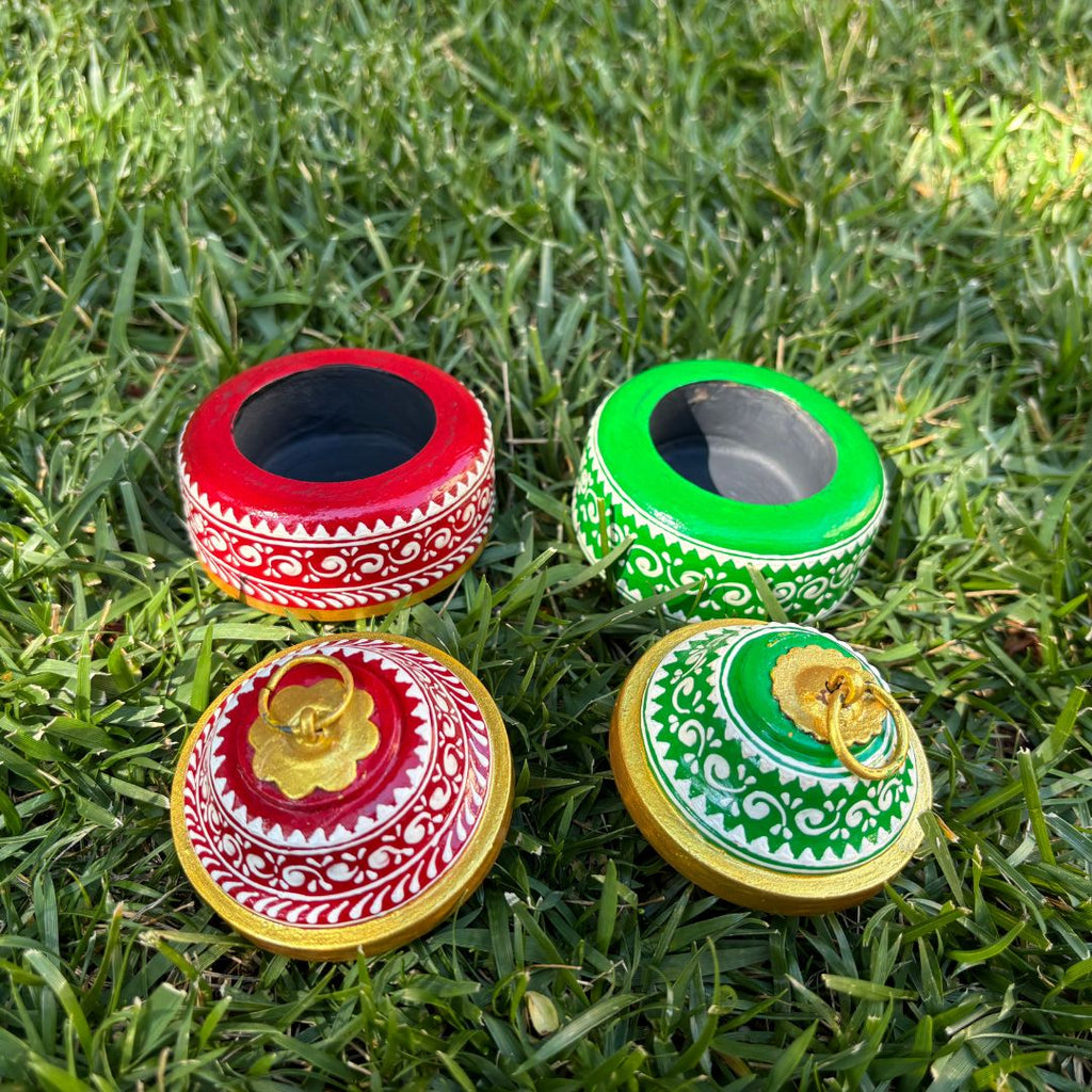Wooden Kumkum Box - 4-Inch Hand-Painted Tikka Box, 3 Colours
