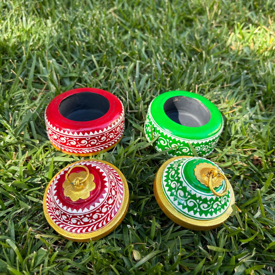 Wooden Kumkum Box - 4-Inch Hand-Painted Tikka Box, 3 Colours