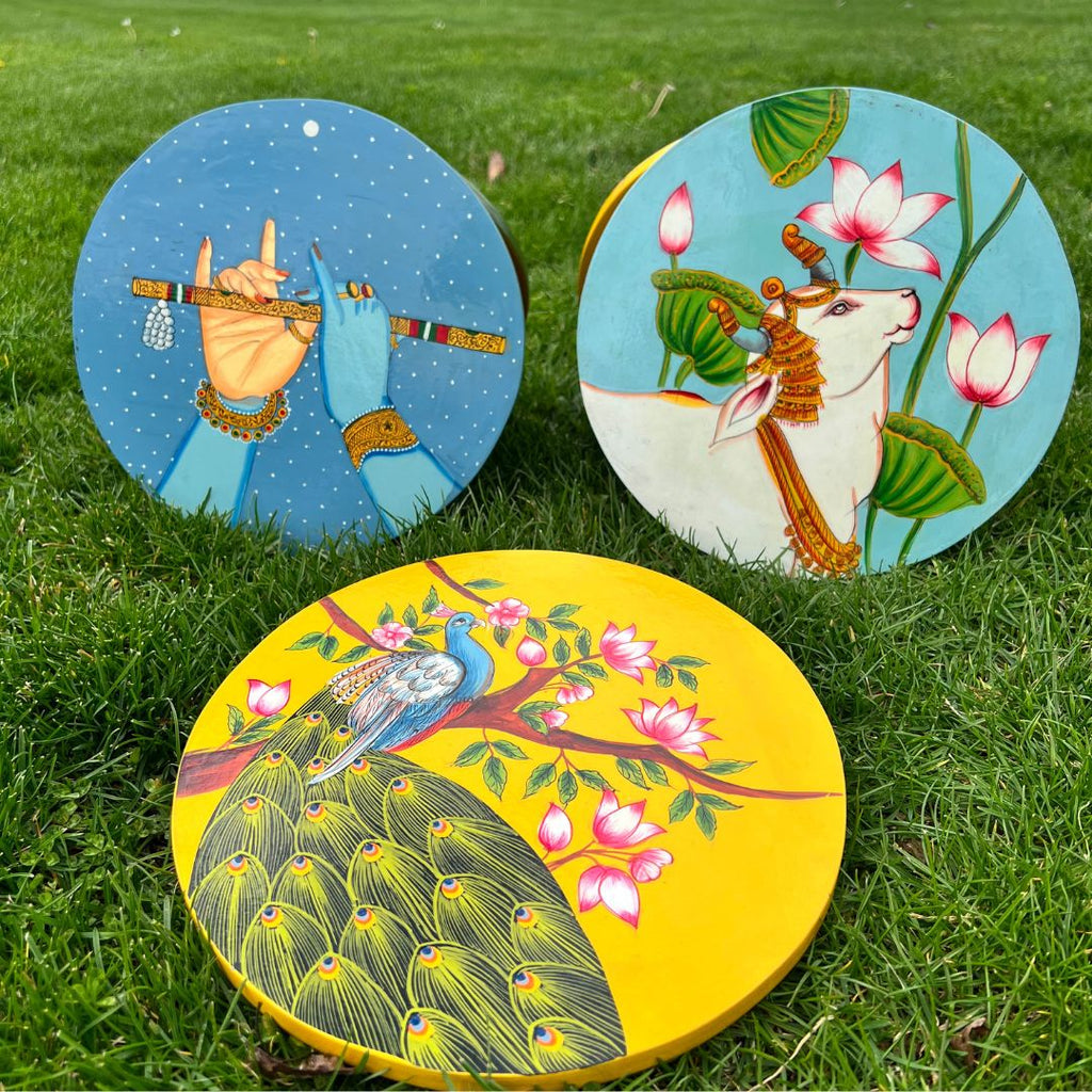 Wooden Wall Plate - 10-Inch Hand-Painted Krishna, Peacock, Cow