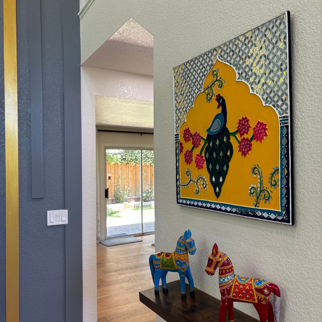Peacock Lippan Wall Art – 24x24 Jharokha Panel with Mirror Work