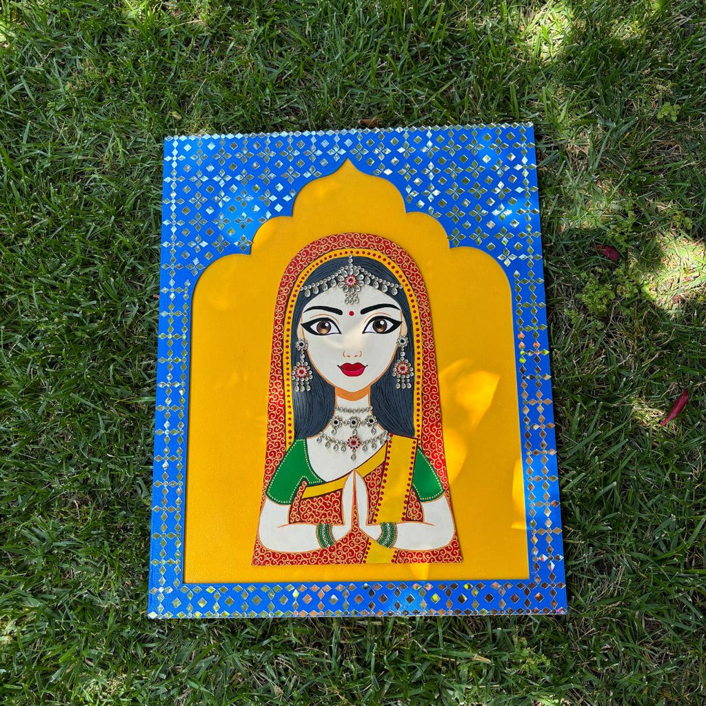 Rajasthani Welcome Wall Art – Woman in Namaste, 20x16 Jharokha