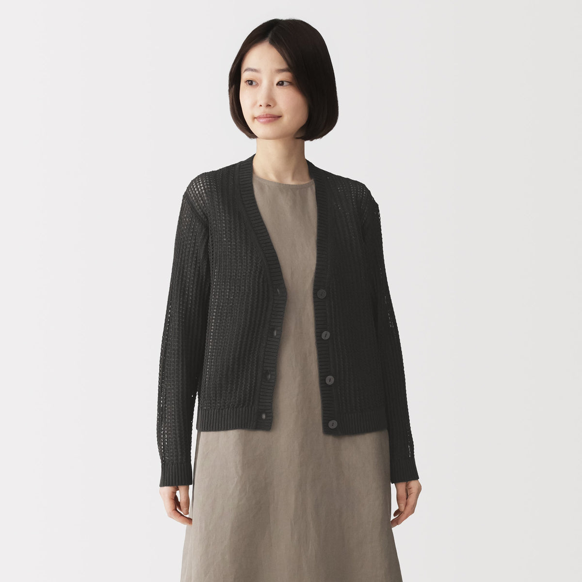 Linen Blend Mesh V-Neck Cardigan