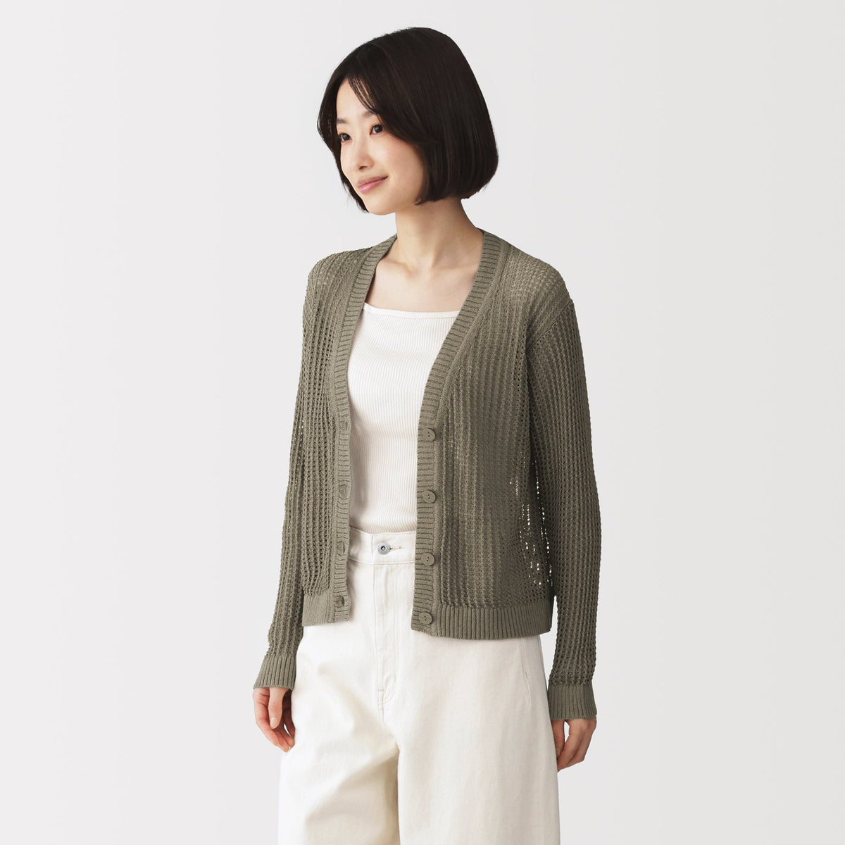 Linen Blend Mesh V-Neck Cardigan