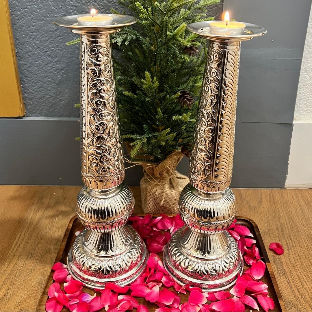 12-Inches Candle Holder Set | Antique Silver