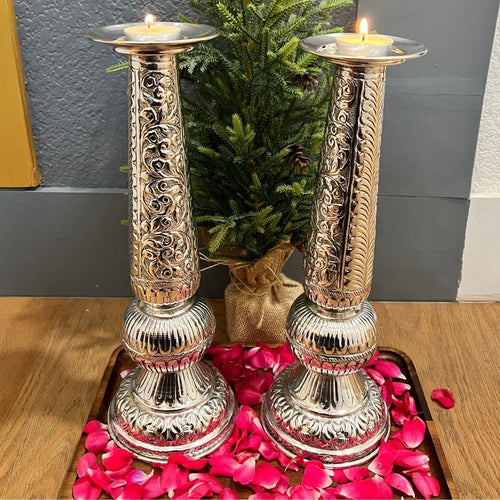 12-Inches Candle Holder Set | Antique Silver