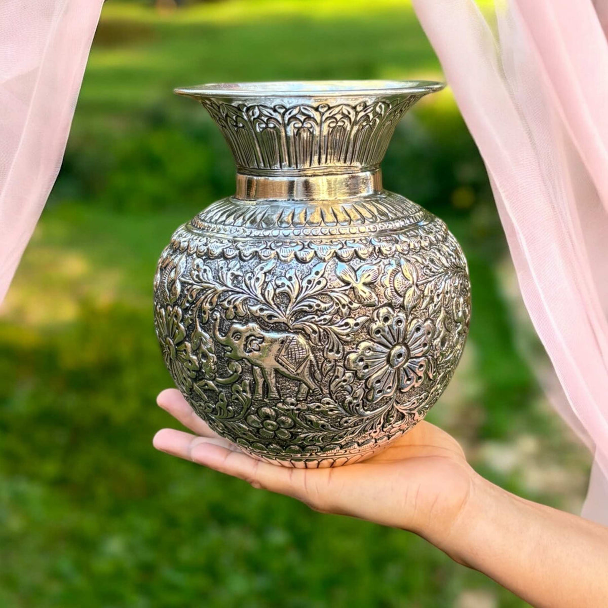 7.5-Inches Kalash Elephant Design | Antique Silver Lota
