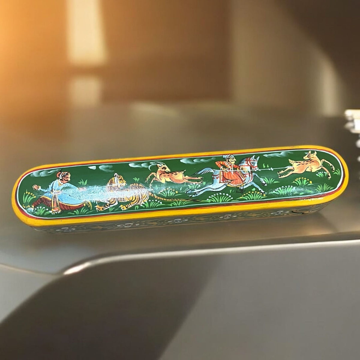 Hand-Painted Wooden Pen Box - 9-Inch Rajasthani Hunt Scene