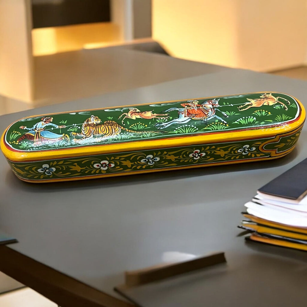 Hand-Painted Wooden Pen Box - 9-Inch Rajasthani Hunt Scene