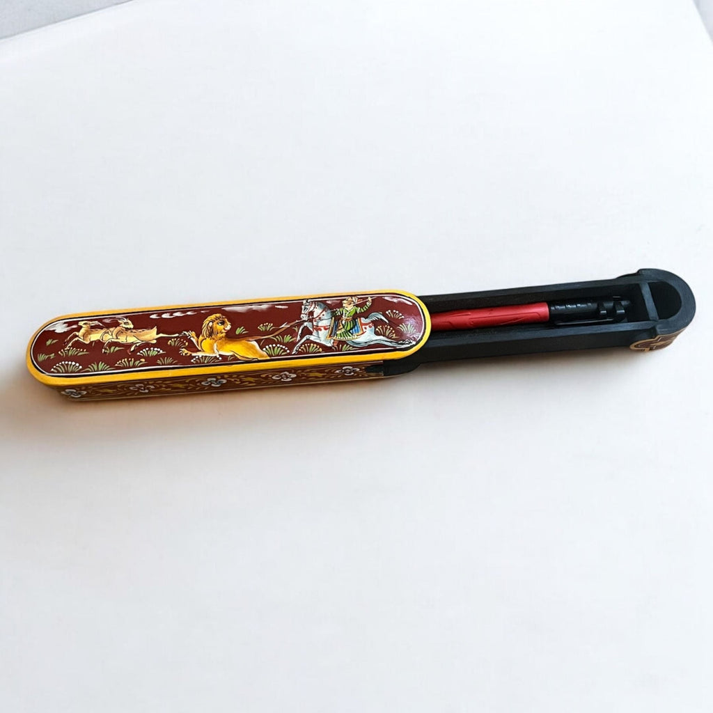 Hand-Painted Wooden Pen Box - 9-Inch Rajasthani Hunt Scene