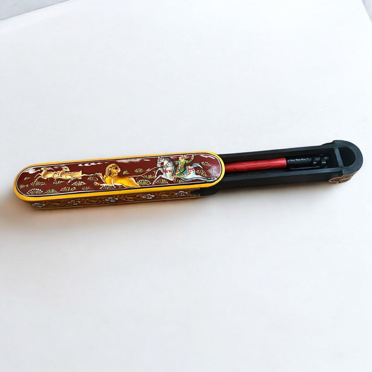 Hand-Painted Wooden Pen Box - 9-Inch Rajasthani Hunt Scene