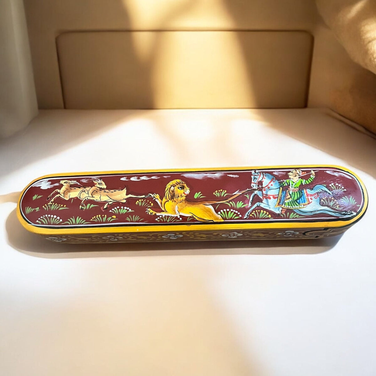 Hand-Painted Wooden Pen Box - 9-Inch Rajasthani Hunt Scene