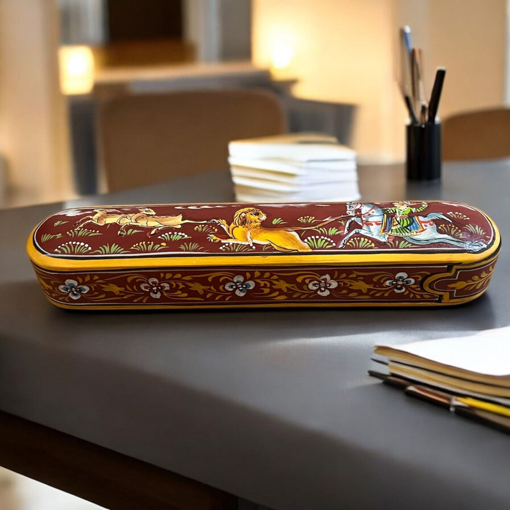 Hand-Painted Wooden Pen Box - 9-Inch Rajasthani Hunt Scene