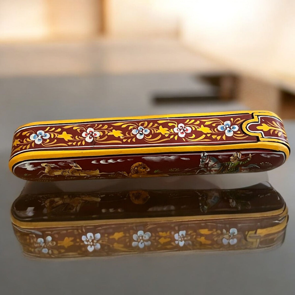 Hand-Painted Wooden Pen Box - 9-Inch Rajasthani Hunt Scene