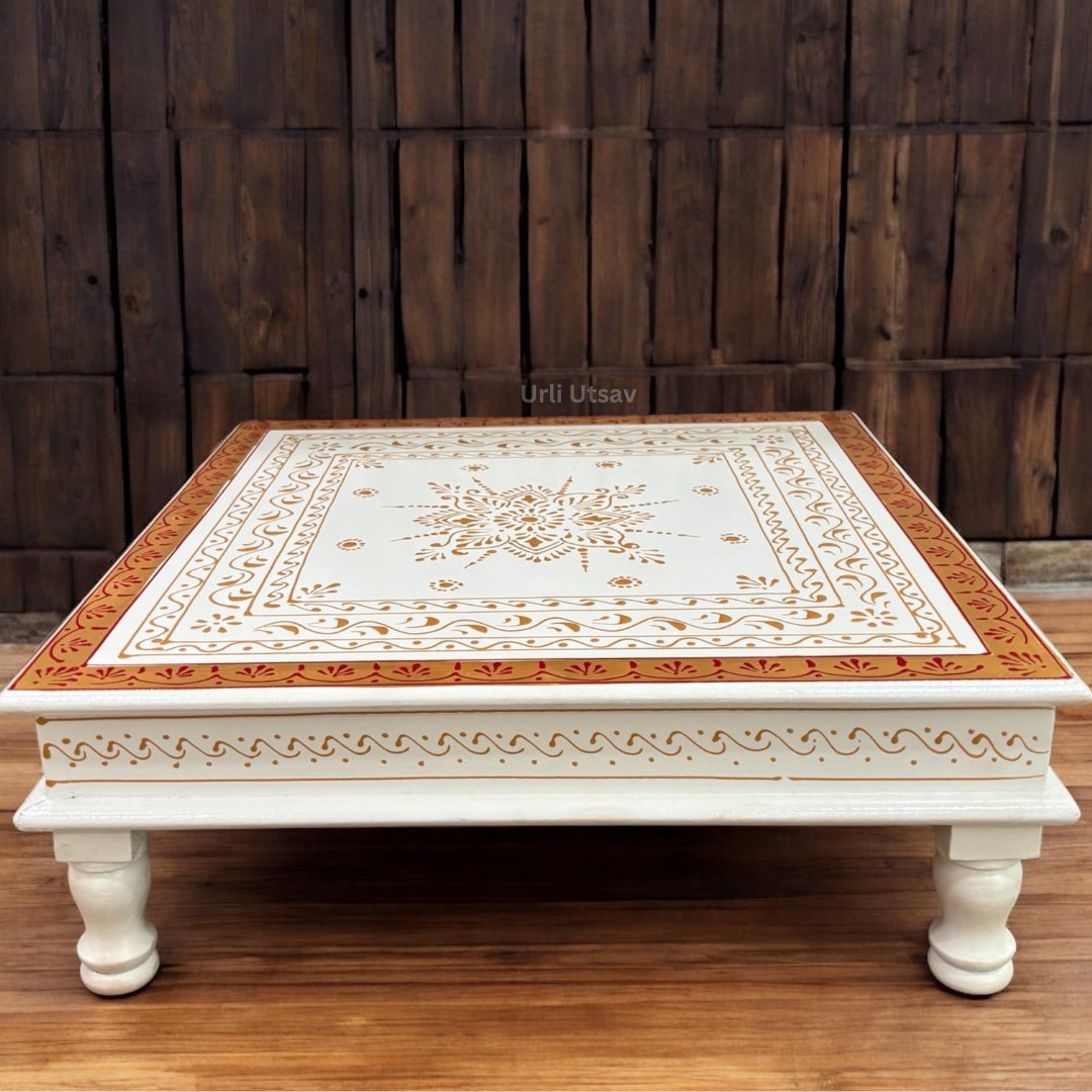Wooden White Pooja Chowki - 18x18x6.5-Inches Gold Border Bajot