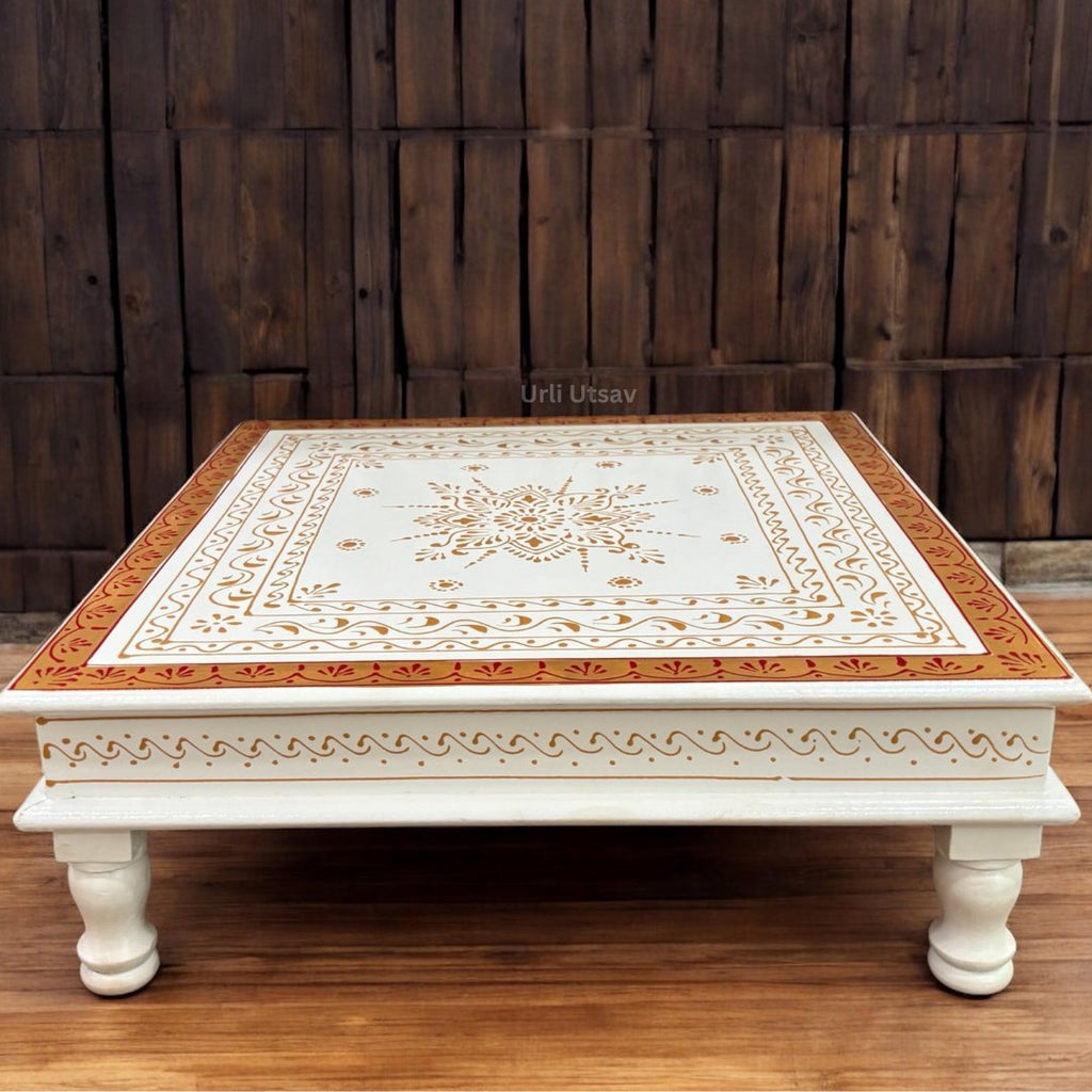 Wooden White Pooja Chowki - 18x18x6.5-Inches Gold Border Bajot