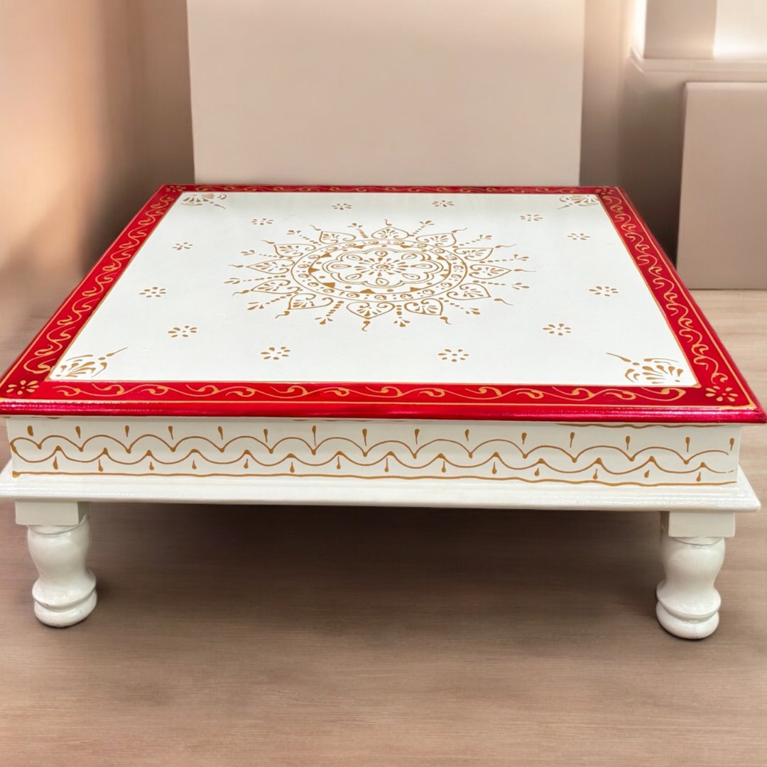 Wooden White Pooja Chowki - 18x18x6.5-Inches Red Bajot