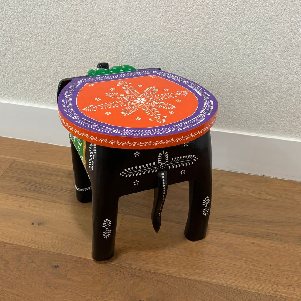 Elephant Stool Side Table - Black & Orange Hand-Painted