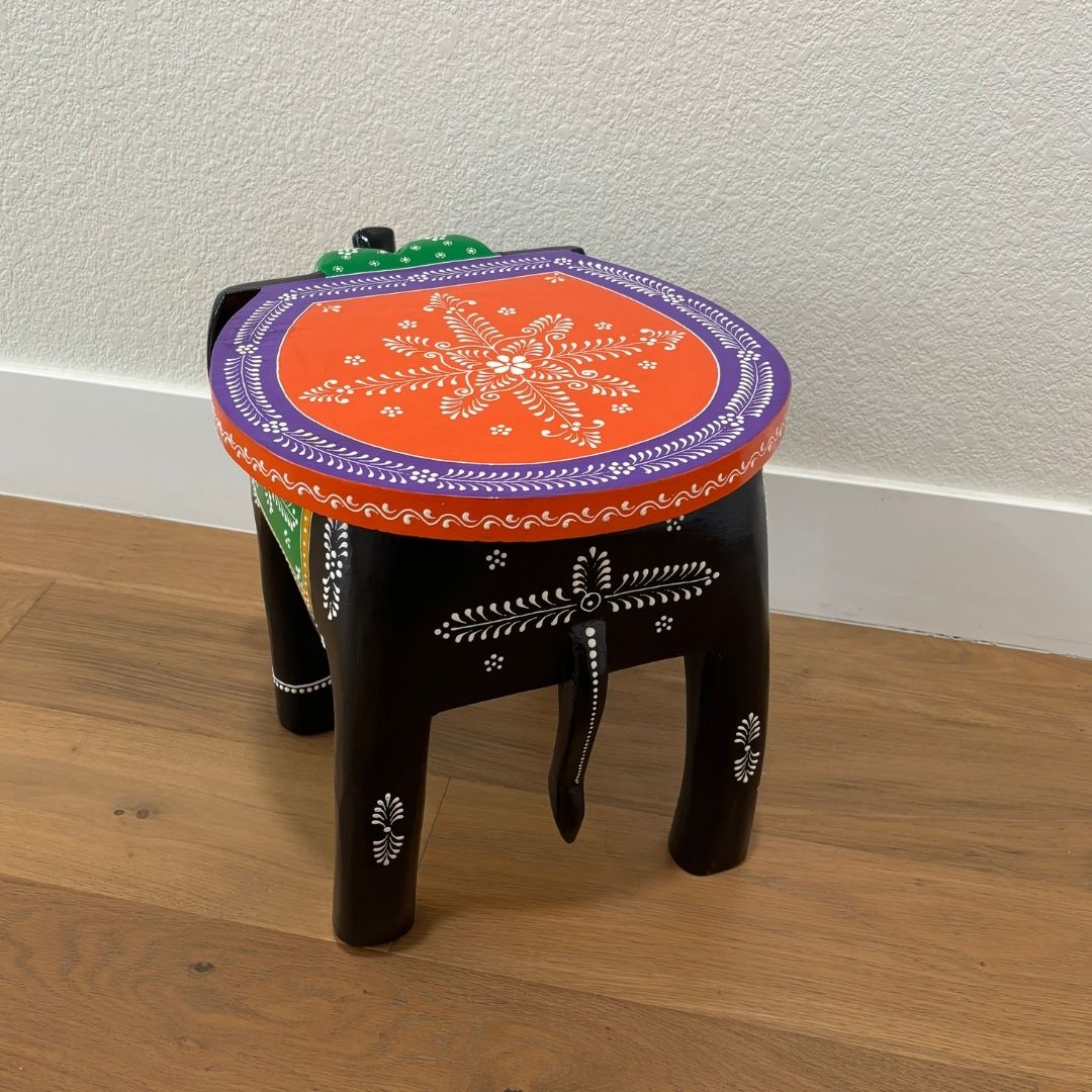 Elephant Stool Side Table - Black & Orange Hand-Painted