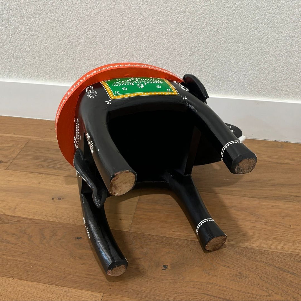 Elephant Stool Side Table - Black & Orange Hand-Painted