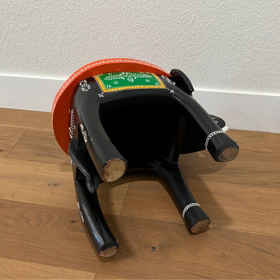 Elephant Stool Side Table - Black & Orange Hand-Painted