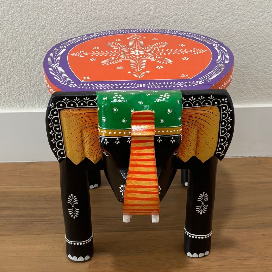 Elephant Stool Side Table - Black & Orange Hand-Painted