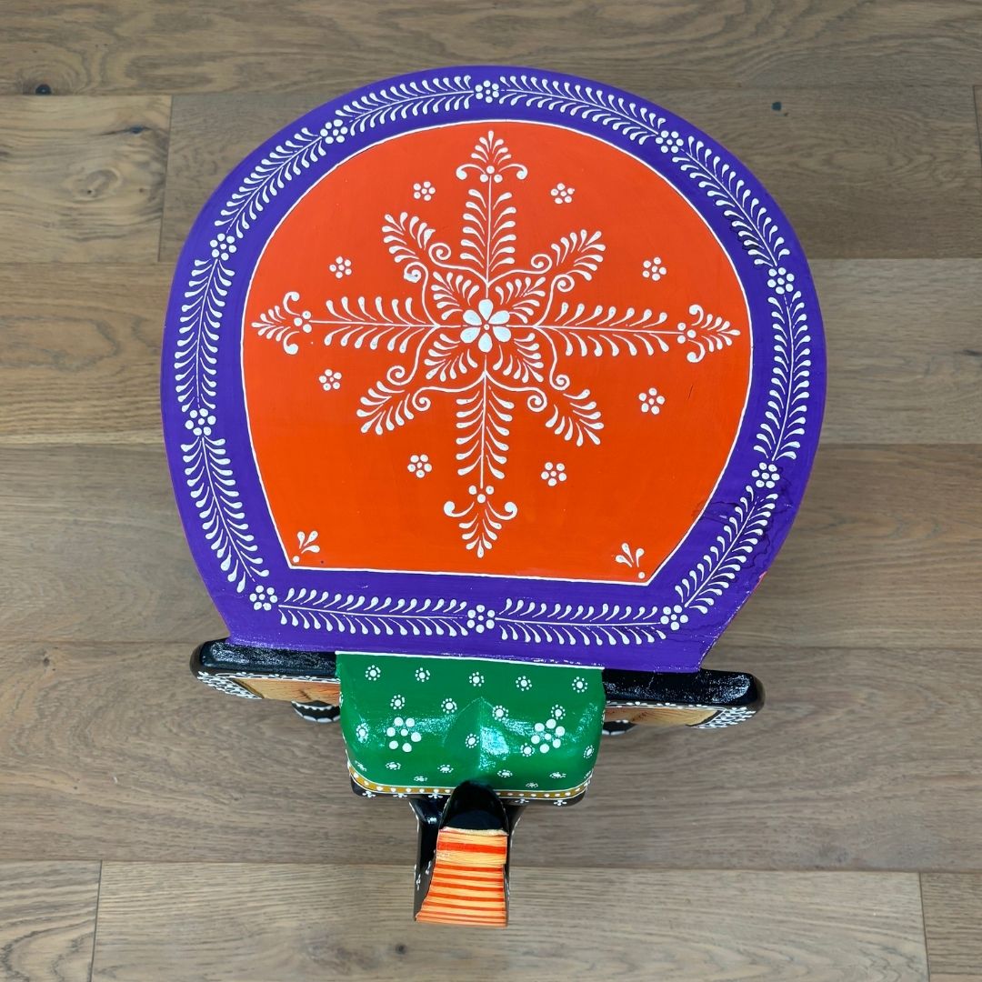 Elephant Stool Side Table - Black & Orange Hand-Painted