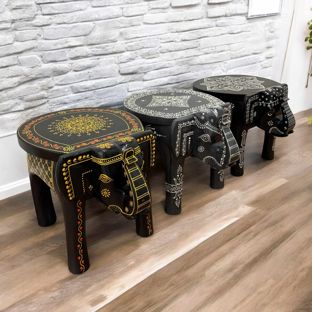 Elephant Stool Side Table - Black Hand-Painted Mango Wood