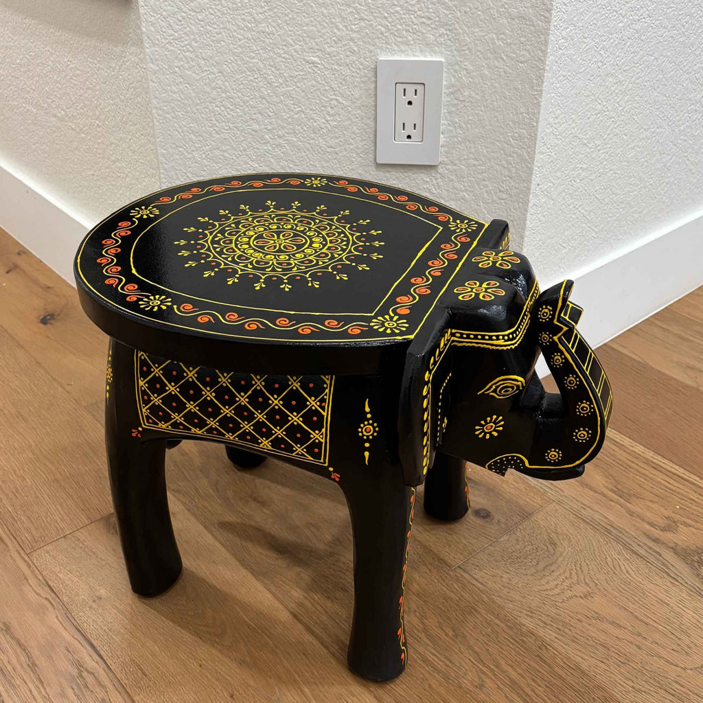 Elephant Stool Side Table - Black Hand-Painted Mango Wood