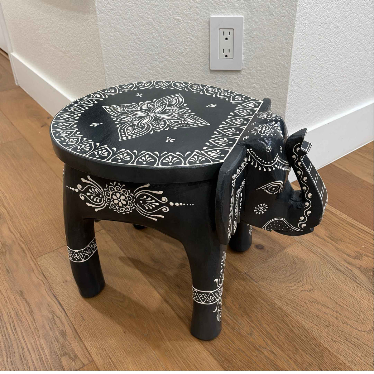 Elephant Stool Side Table - Black Hand-Painted Mango Wood