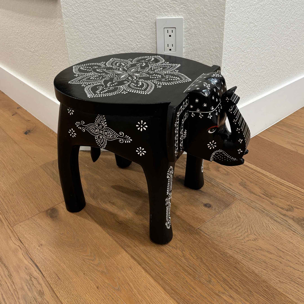 Elephant Stool Side Table - Black Hand-Painted Mango Wood