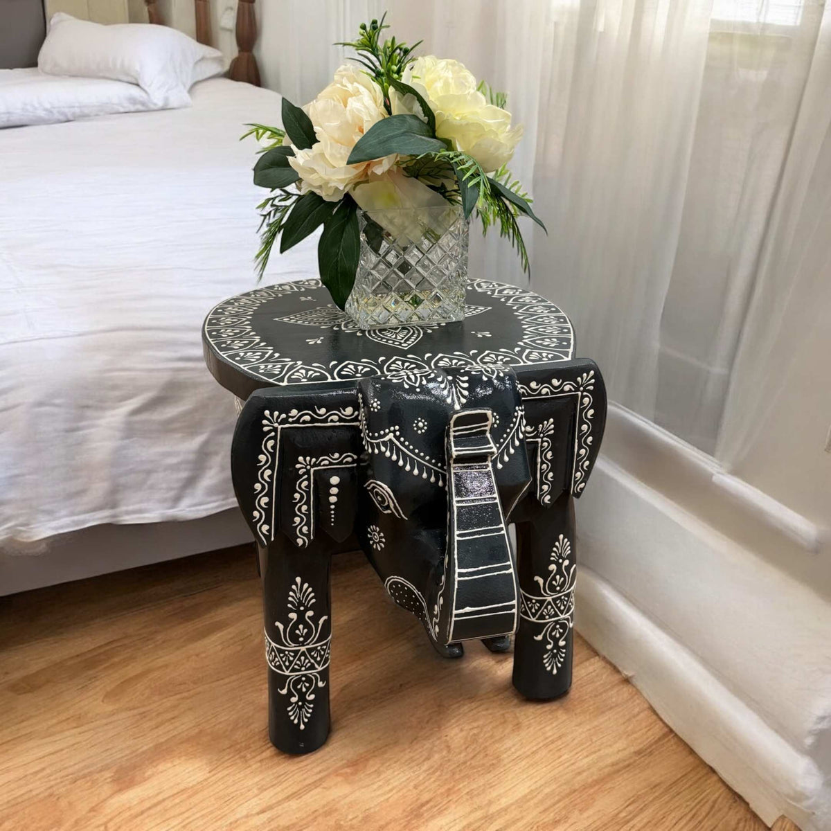 Elephant Stool Side Table - Black Hand-Painted Mango Wood