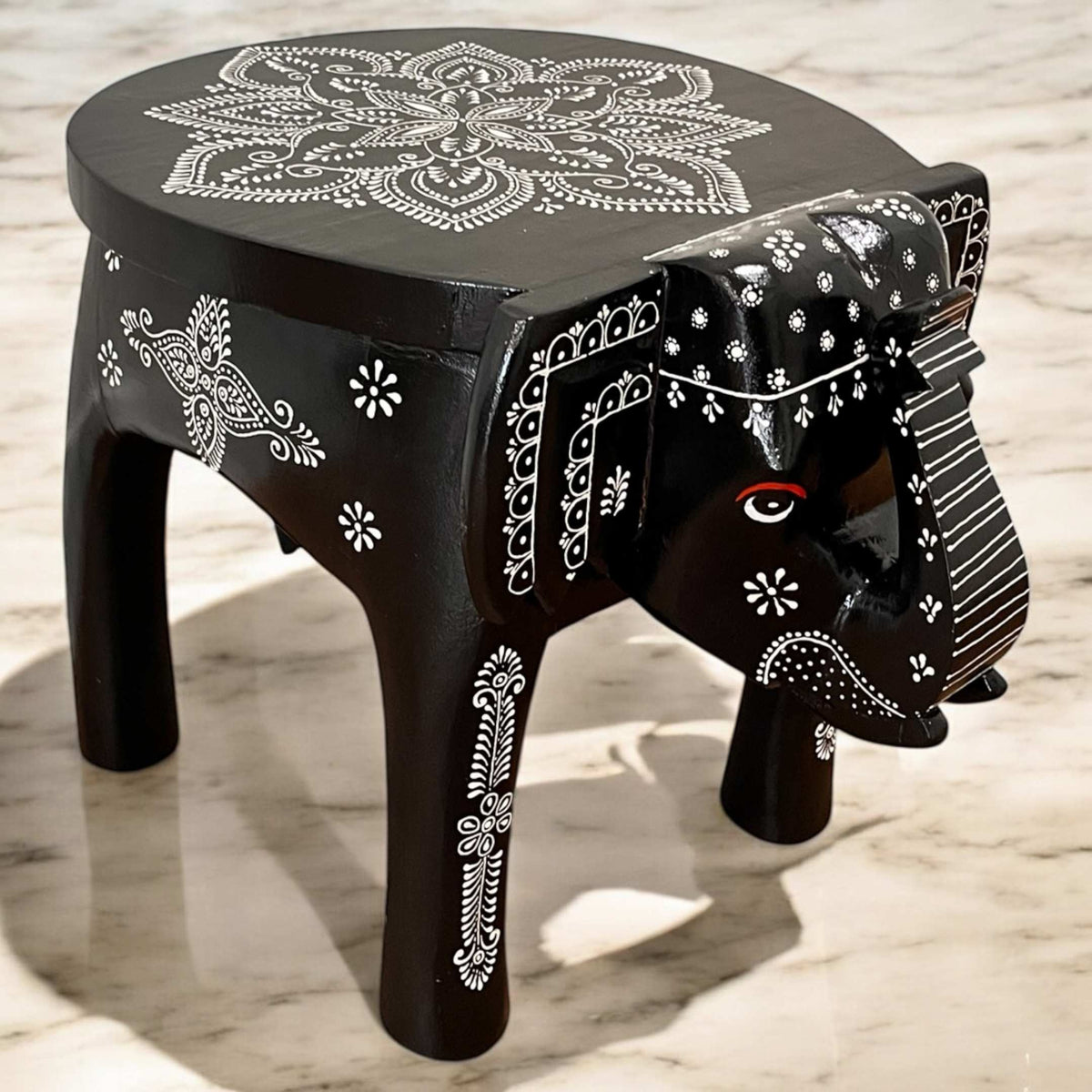 Elephant Stool Side Table - Black Hand-Painted Mango Wood