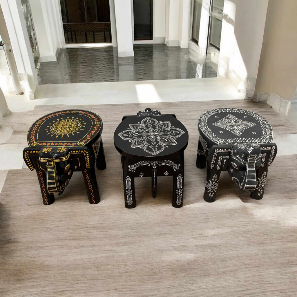 Elephant Stool Side Table - Black Hand-Painted Mango Wood