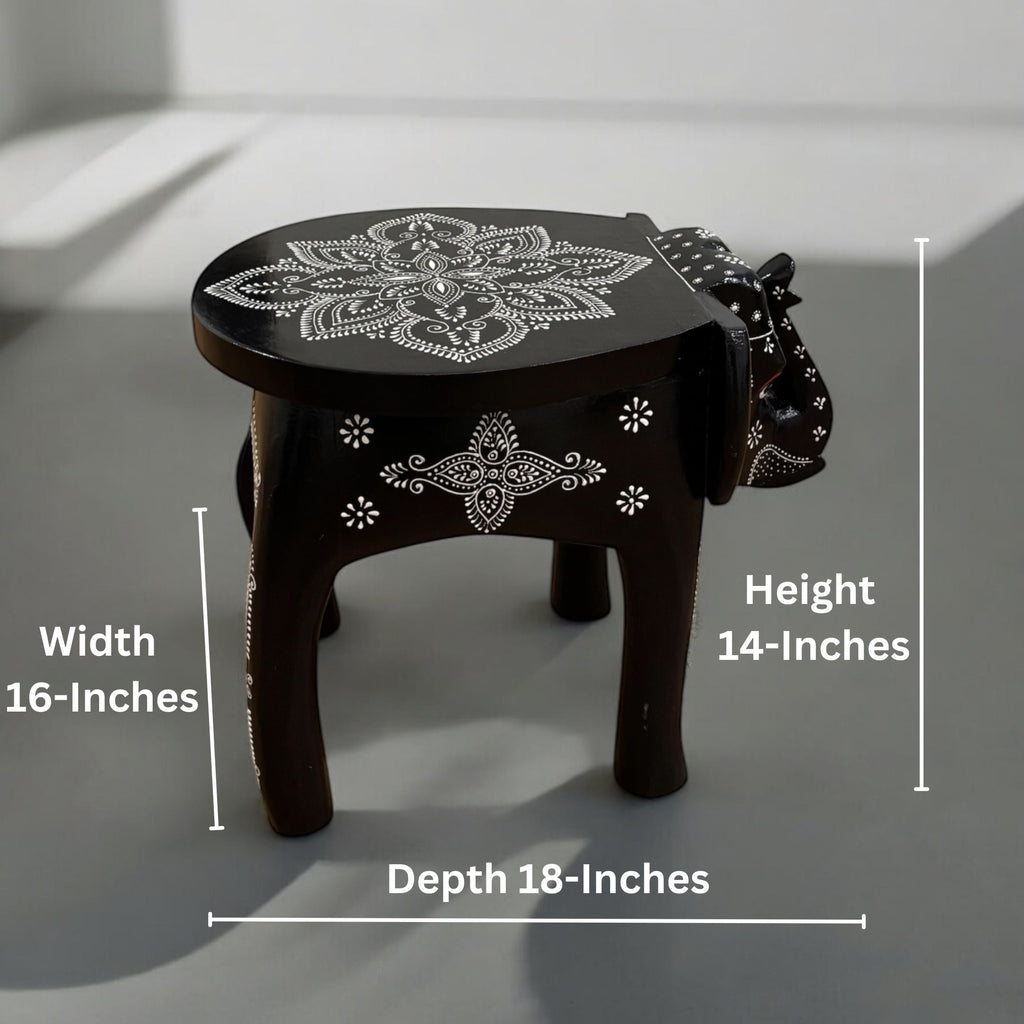 Elephant Stool Side Table - Black Hand-Painted Mango Wood