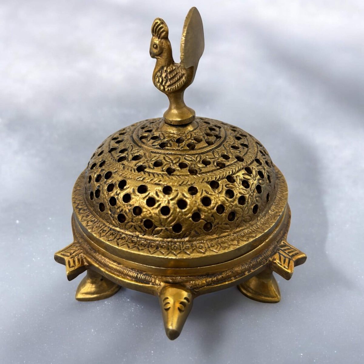 Brass Dhoop Dani Incense Burner - Peacock Lid, Tortoise Base
