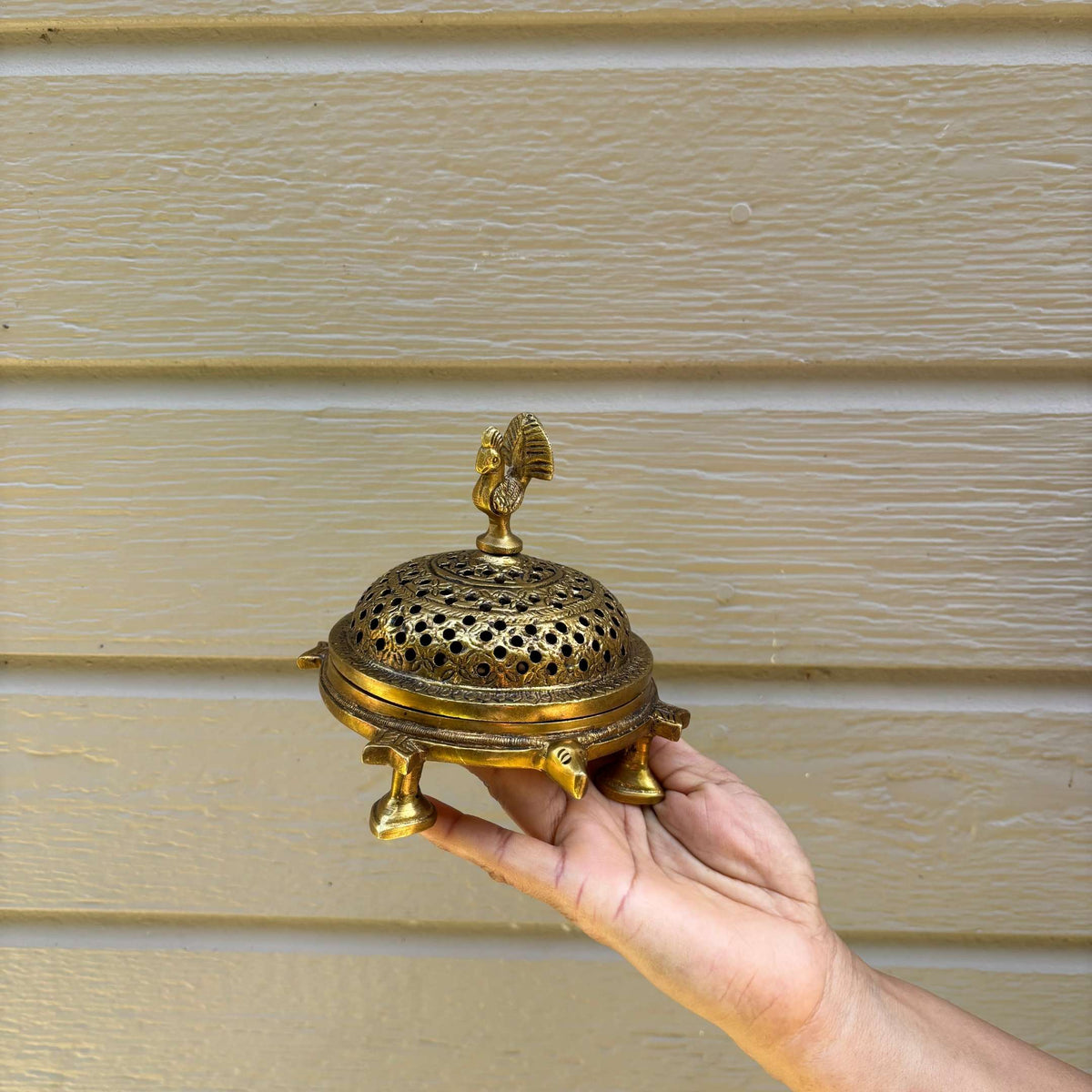 Brass Dhoop Dani Incense Burner - Peacock Lid, Tortoise Base