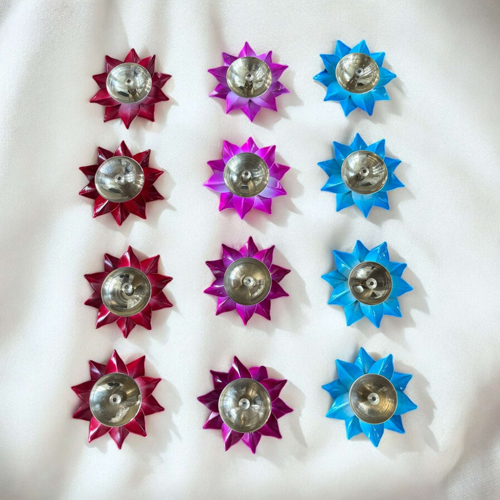 Brass Akhand Diya Set of 12 - Coloured Lotus Base Oil Diyas