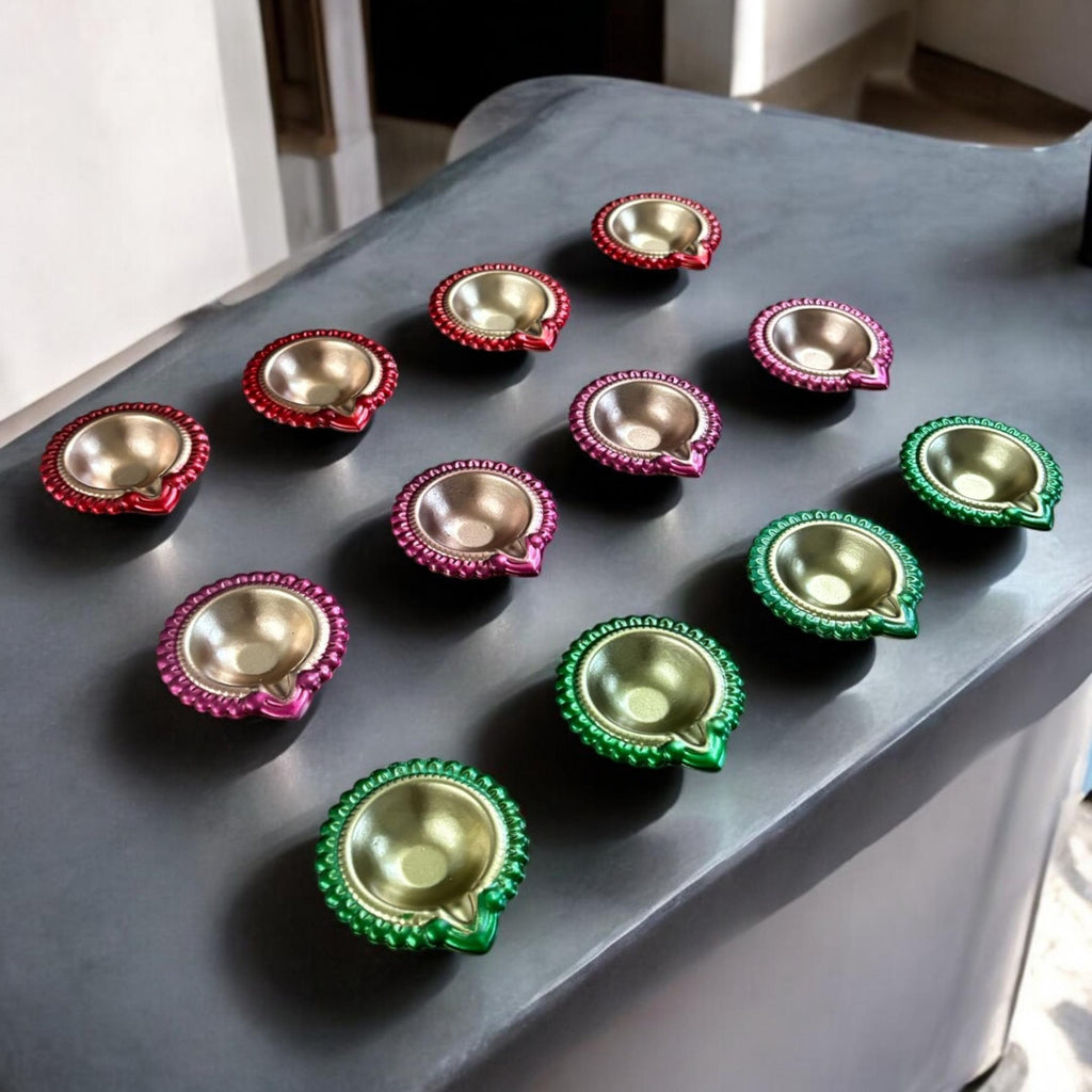 Colourful Metal Diya Set of 12 - 3in Red, Pink & Green Diyas
