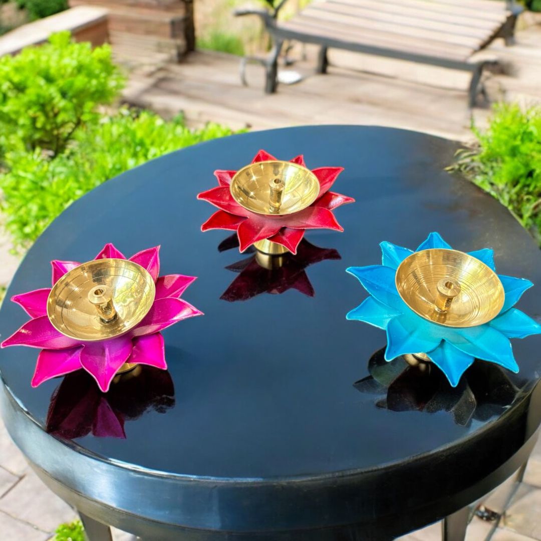Brass Akhand Diya Set of 12 - Coloured Lotus Base Oil Diyas