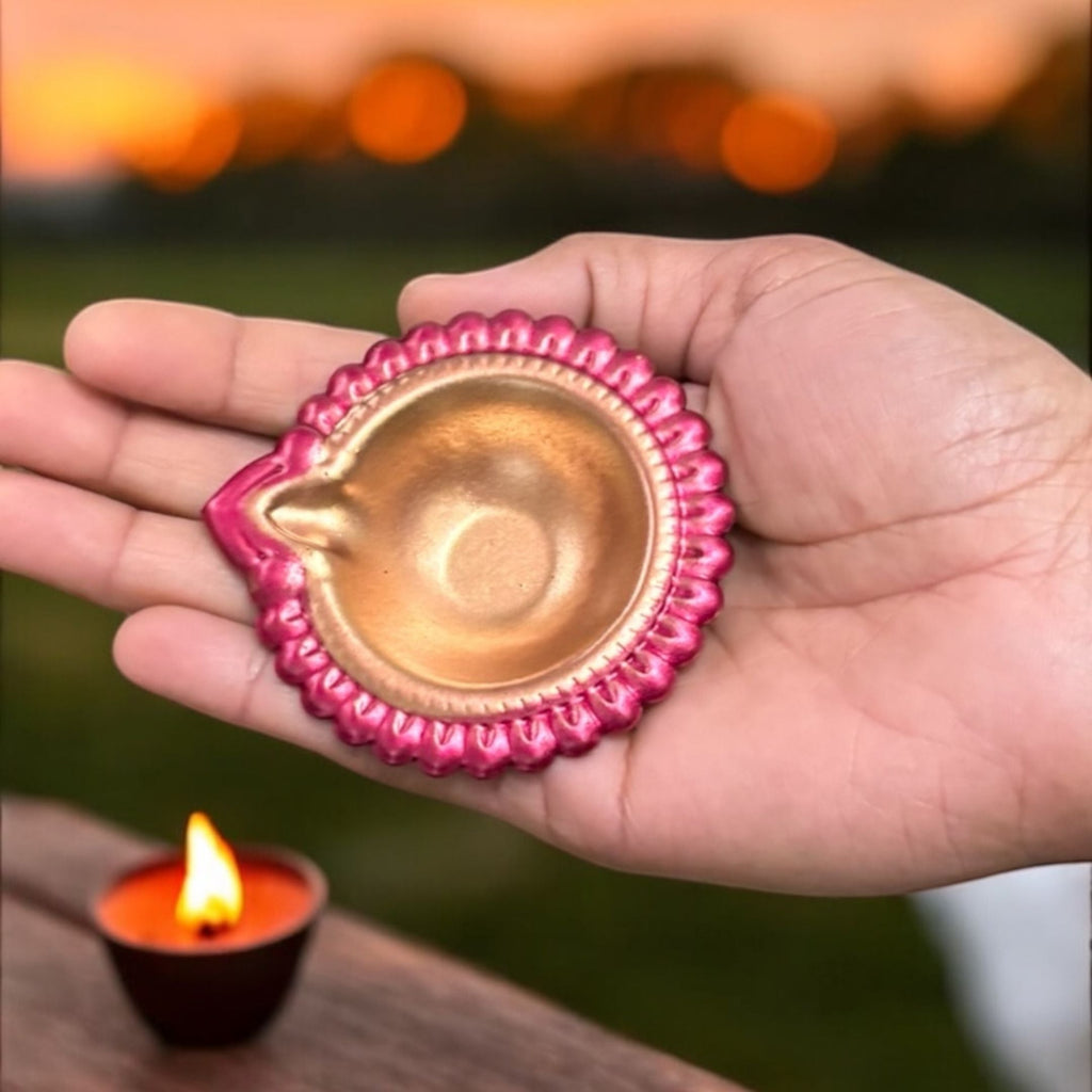Colourful Metal Diya Set of 12 - 3in Red, Pink & Green Diyas