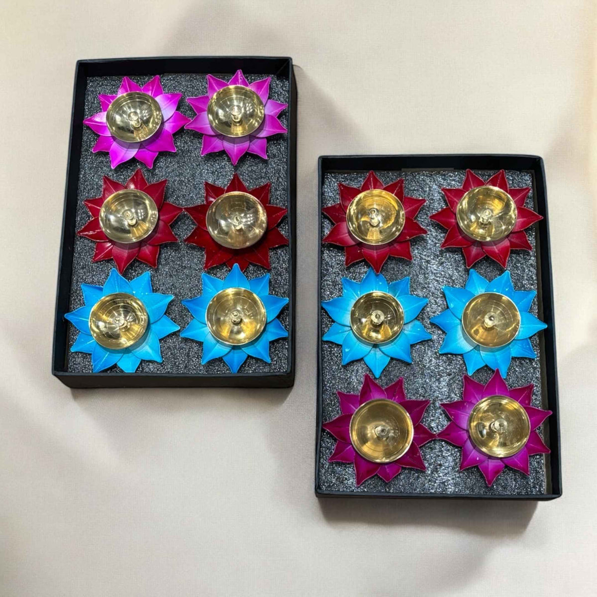 Brass Akhand Diya Set of 12 - Coloured Lotus Base Oil Diyas