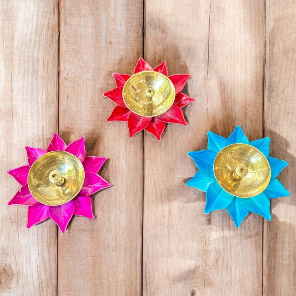 Brass Akhand Diya Set of 12 - Coloured Lotus Base Oil Diyas